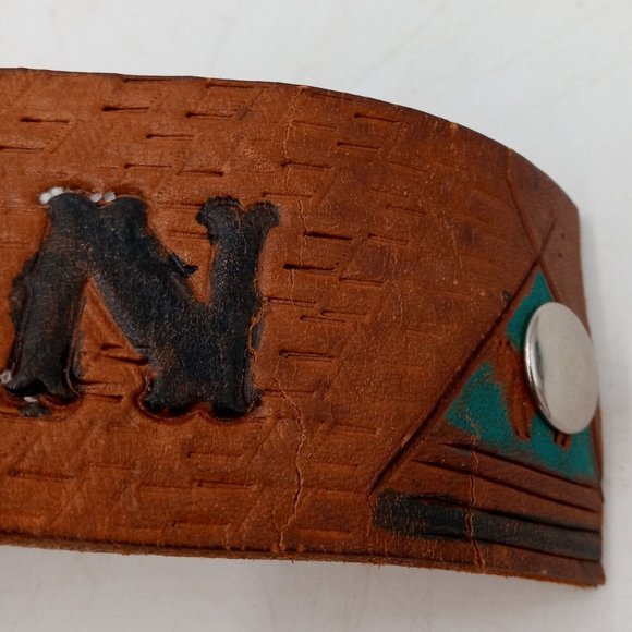 Vintage Leather Cuff Bracelet Western Rockabilly Lin Turquoise Teepee Distressed - Picture 6 of 11